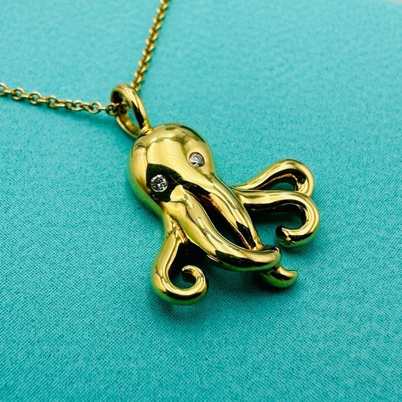 RARE Tiffany & Co. 18K Yellow Gold Diamond Octopus Charm Necklace 18” Packaging - Picture 3 of 13